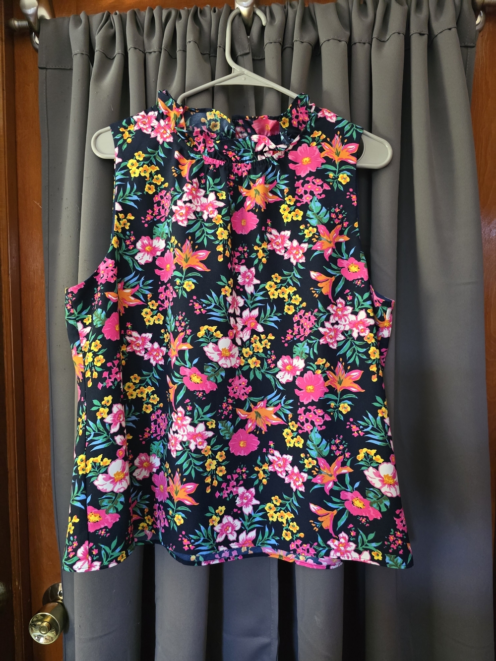 J. Crew Black Floral Ruffle-Neck Sleeveless Top